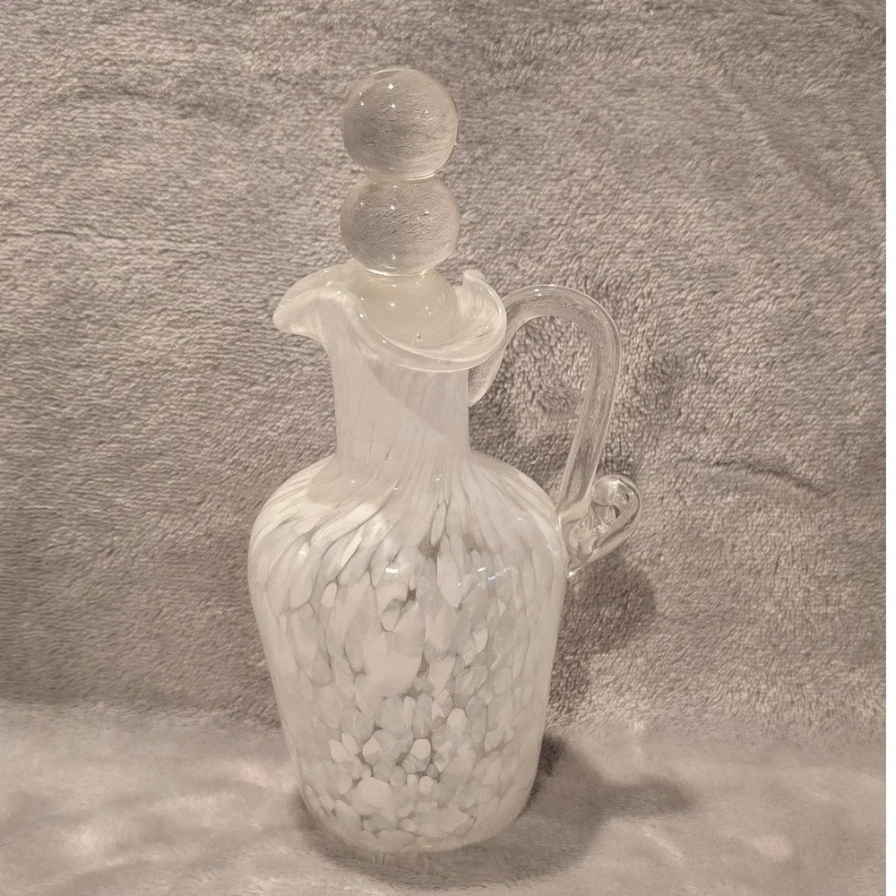 Vintage‎ White Confetti Spatter Hand Blown Glass Cruet Decanter with Stopper
